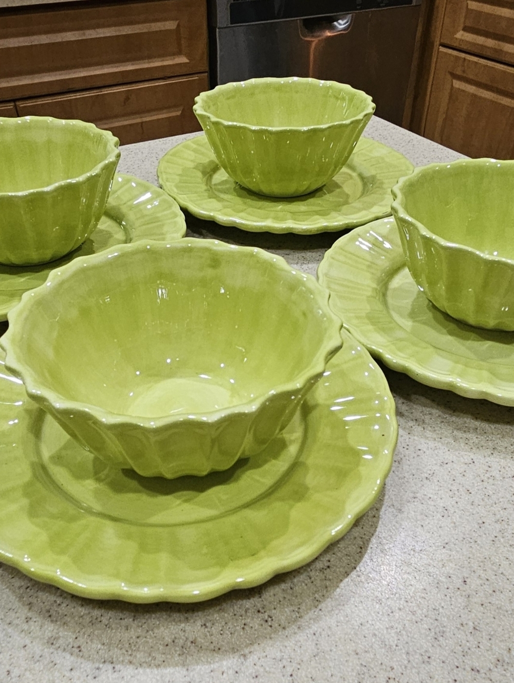 Ruffled KIWI AMBIANCE DISHES, Nanette Vacher Designer Dishes, Vintage Pottery